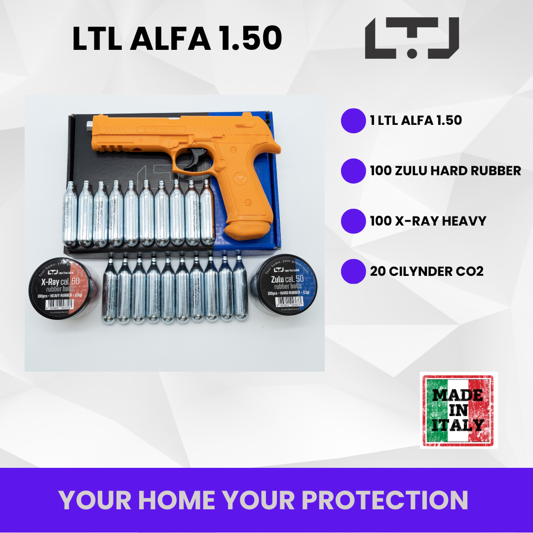 Front view of LTL Alfa Orange 1.50 cal air gun bundled with X-Ray Zulu rubber balls, showcasing the gun's detailed design and the included ammunition and co2