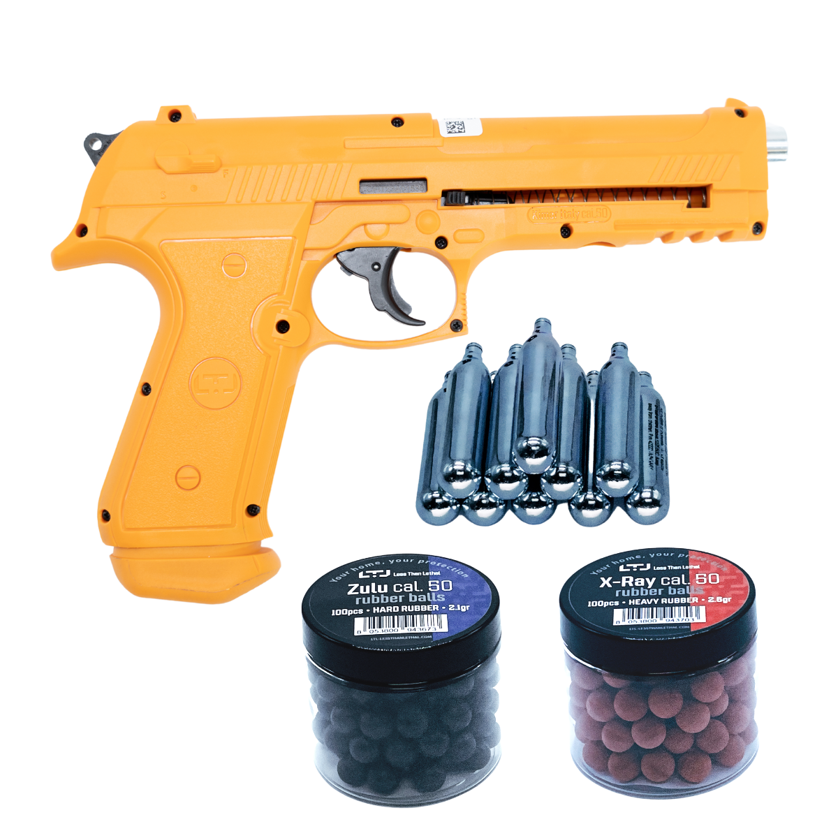 Front view of LTL Alfa Orange 1.50 cal air gun bundled with X-Ray Zulu rubber balls, showcasing the gun's detailed design and the included ammunition.