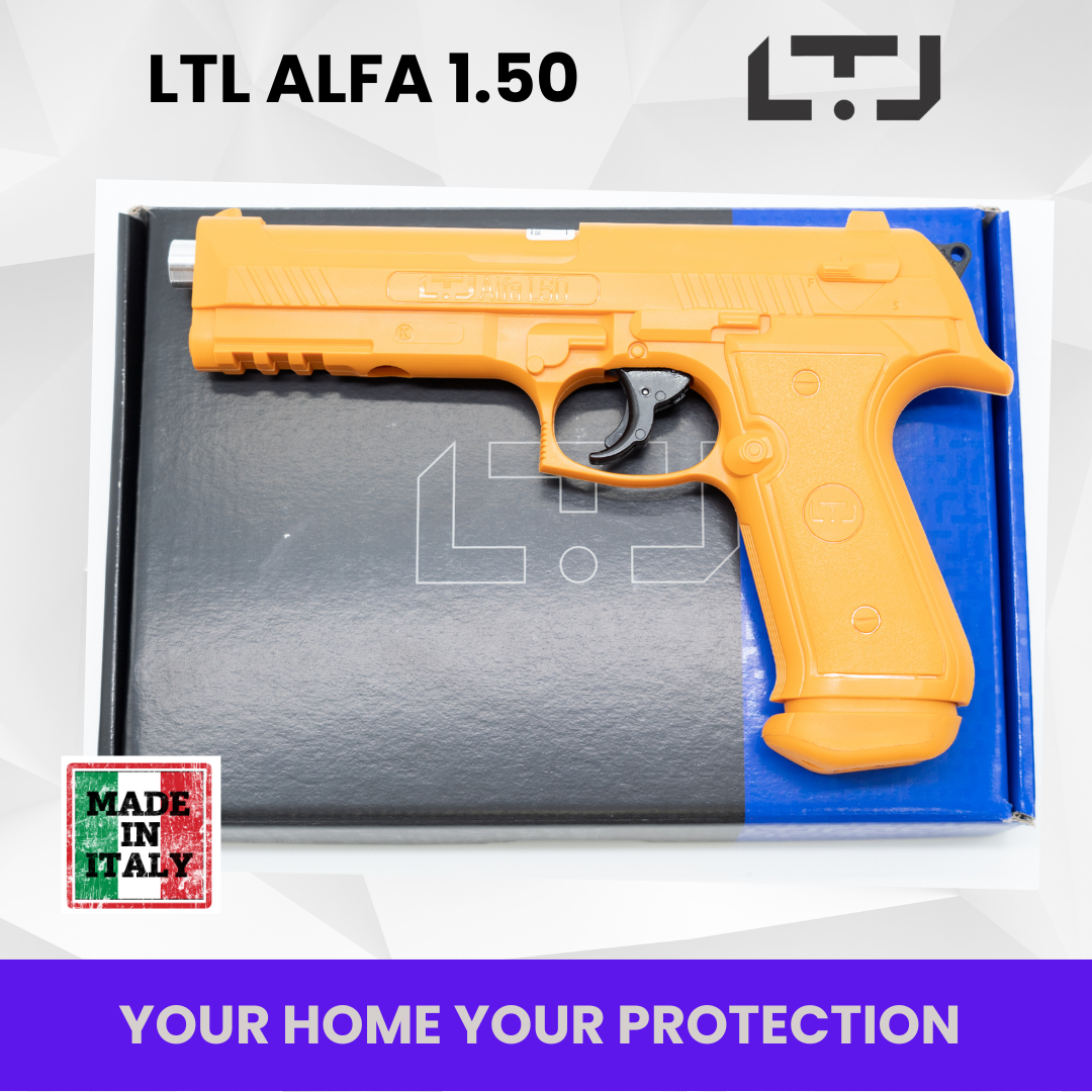 Side profile of the LTL Alfa Orange 1.50 caliber air gun in its box, highlighting the sleek design and packaging