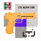 Side profile of LTL Alfa Orange 1.50 caliber air gun, detailing its .50 caliber, 7-shot capacity, 500 FPS velocity, and crafted in Italy