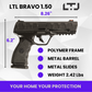 Comparative view of LTL Bravo Black 1.50 cal air gun showcasing its polymer frame, metal slides, and a weight of 2.42 lbs, highlighting the design and construction features