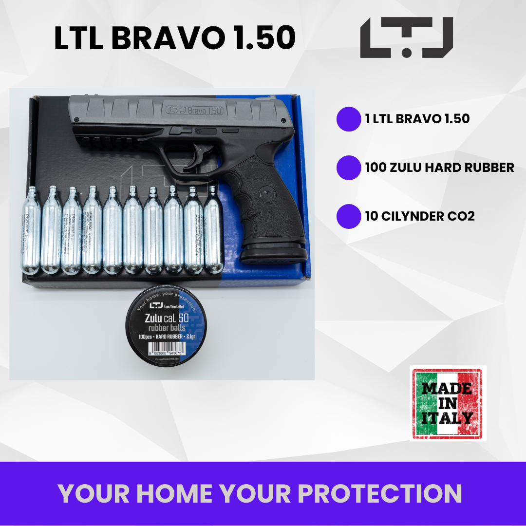 Complete bundle of LTL Bravo Grey 1.50 cal air gun with Zulu rubber balls and 10 CO2 cartridges, showcasing the full kit for effective training and defense