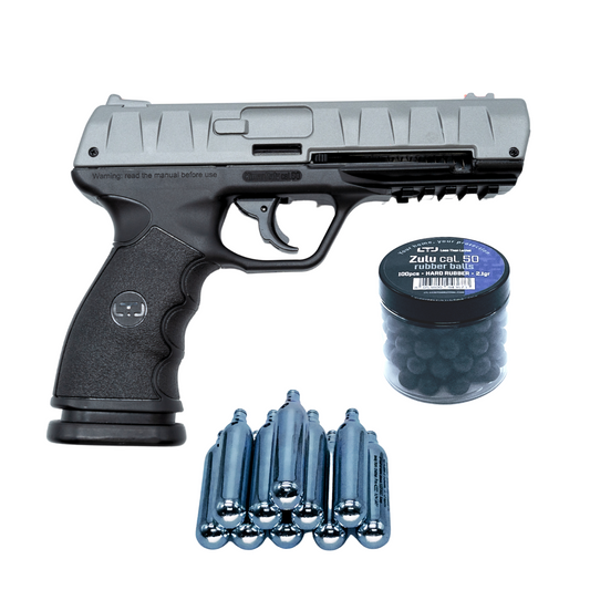 Complete bundle of LTL Bravo Grey 1.50 cal air gun with Zulu rubber balls and 10 CO2 cartridges, showcasing the full kit for effective training and defense