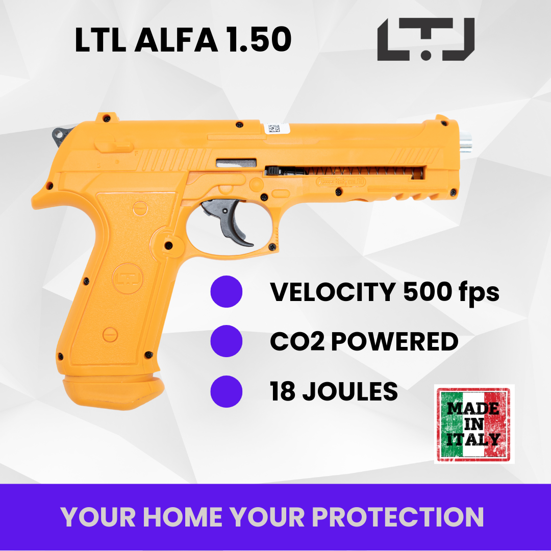 Action image showing LTL Orange 1.50 cal air gun firing Zulu rubber balls, equipped with 10 CO2 cartridges for extended use.