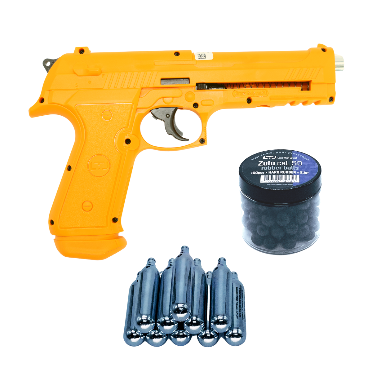 Complete set of LTL Orange 1.50 cal air gun with 10 CO2 cartridges and Zulu rubber balls, designed for effective training and self-defense