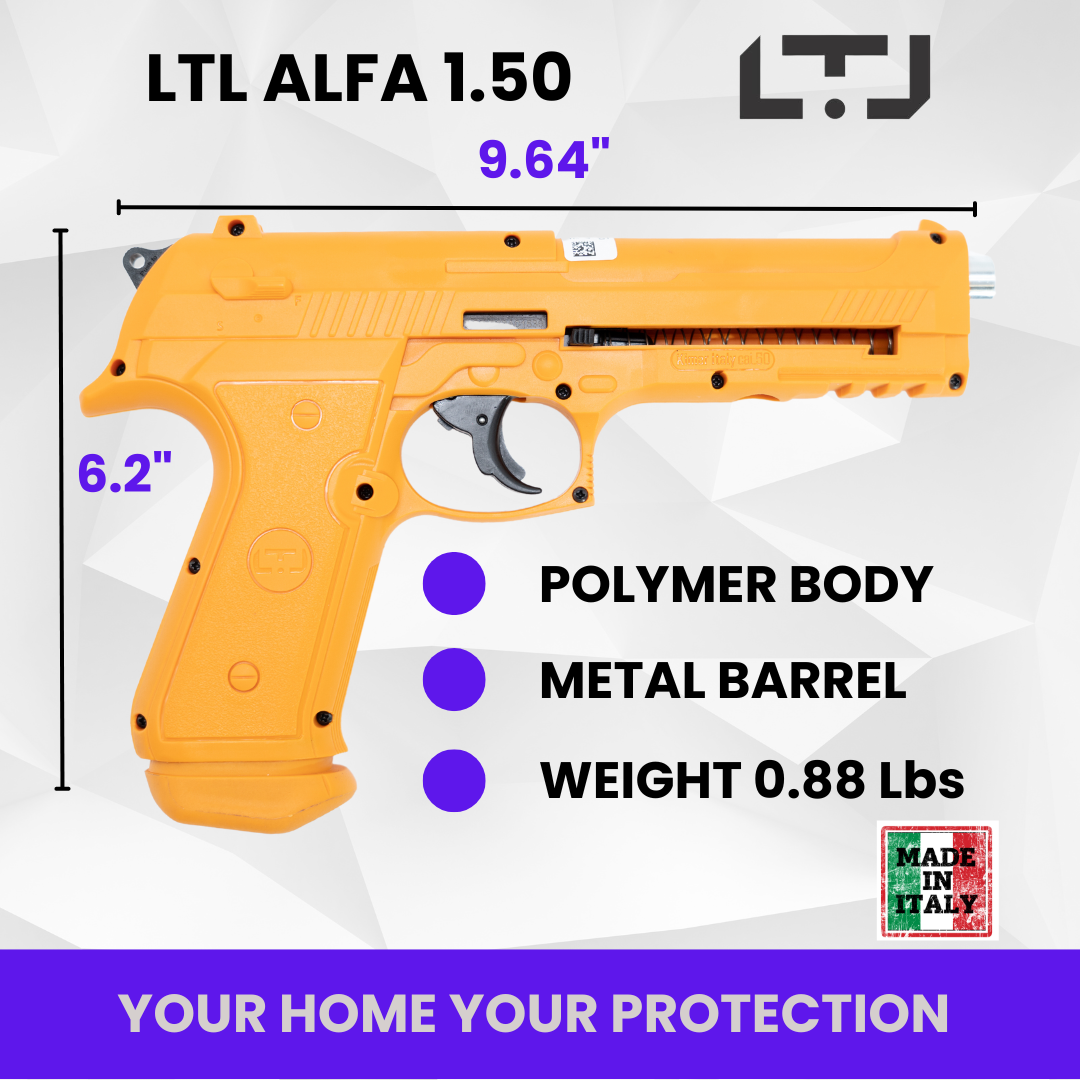 Comparative image of LTL Orange 1.50 cal air gun with standard components alongside the 10 CO2 cartridges and Zulu rubber balls, emphasizing the upgrade and effectiveness